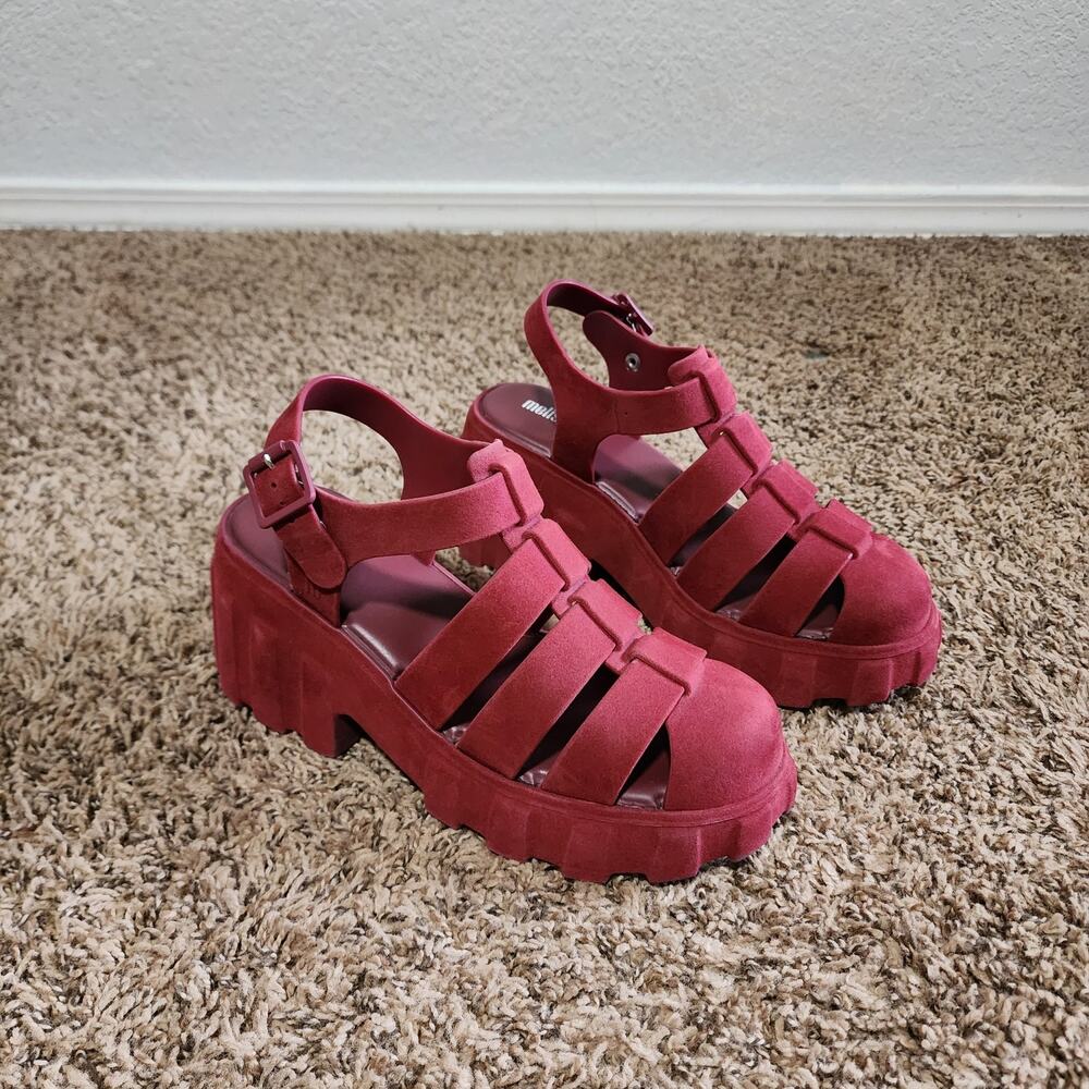Melissa Megan Velvet Burgundy Fisherman Chunky Platform Sandals 8 Y2K